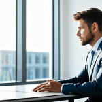 A professional individual in a modest business suit, thoughtfully gazing out a large window in a clean, contemporary office, the soft morning light illuminating their profile. A subtle, conceptual glowing compass is faintly visible on the desk, symbolizing inner guidance and core values. The scene conveys introspection and the alignment of personal purpose with professional direction. fully clothed, appropriate attire, safe for work, appropriate content, professional, perfect anatomy, correct proportions, natural pose, well-formed hands, proper finger count, natural body proportions, professional photography, high quality.