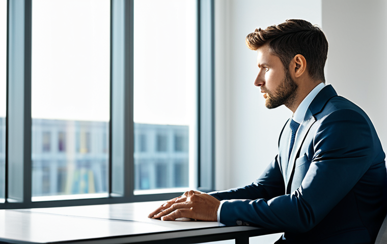 A professional individual in a modest business suit, thoughtfully gazing out a large window in a clean, contemporary office, the soft morning light illuminating their profile. A subtle, conceptual glowing compass is faintly visible on the desk, symbolizing inner guidance and core values. The scene conveys introspection and the alignment of personal purpose with professional direction. fully clothed, appropriate attire, safe for work, appropriate content, professional, perfect anatomy, correct proportions, natural pose, well-formed hands, proper finger count, natural body proportions, professional photography, high quality.