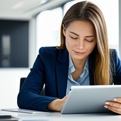 A confident professional woman in modest business casual attire, sitting comfortably at a modern desk in a bright, contemporary office, engaged in focused work on a sleek digital tablet. Her expression is thoughtful and inspired, reflecting a sense of purpose and aligning passion with work. The background features blurred, subtle tech elements and natural light. fully clothed, appropriate content, safe for work, professional, perfect anatomy, correct proportions, natural pose, well-formed hands, proper finger count, natural body proportions, high-quality photograph, soft natural lighting.