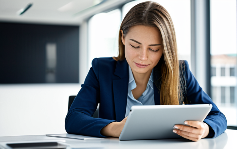A confident professional woman in modest business casual attire, sitting comfortably at a modern desk in a bright, contemporary office, engaged in focused work on a sleek digital tablet. Her expression is thoughtful and inspired, reflecting a sense of purpose and aligning passion with work. The background features blurred, subtle tech elements and natural light. fully clothed, appropriate content, safe for work, professional, perfect anatomy, correct proportions, natural pose, well-formed hands, proper finger count, natural body proportions, high-quality photograph, soft natural lighting.