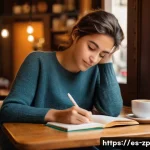 Home 22 의미 있는 일 찾기 위한 인생 경험 정리 - A thoughtful young adult sitting at a cozy café table in a lively Spanish city, surrounded by warm n...
