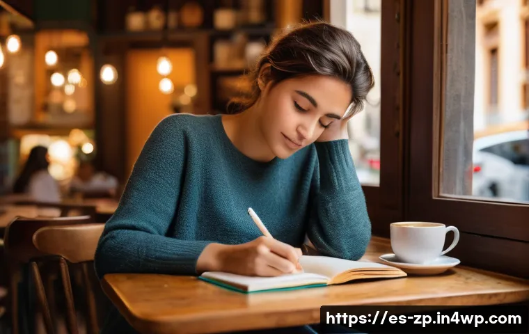 의미 있는 일 찾기 위한 인생 경험 정리 - A thoughtful young adult sitting at a cozy café table in a lively Spanish city, surrounded by warm n...