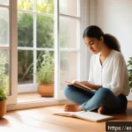 Home 19 의미 있는 일 찾기 위한 심화 과정 - A serene scene of a young Hispanic woman sitting cross-legged on a wooden floor in a cozy, sunlit ro...