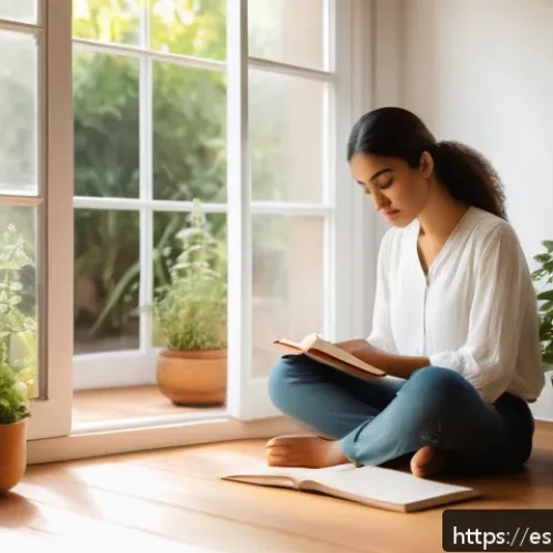 Home 31 의미 있는 일 찾기 위한 심화 과정 - A serene scene of a young Hispanic woman sitting cross-legged on a wooden floor in a cozy, sunlit ro...