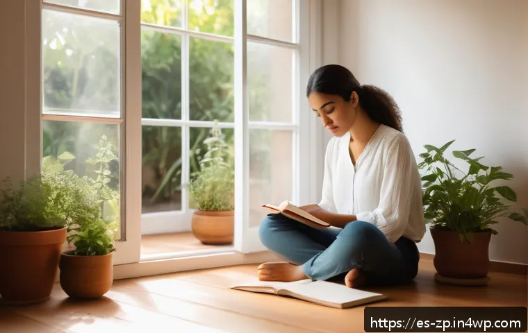 의미 있는 일 찾기 위한 심화 과정 - A serene scene of a young Hispanic woman sitting cross-legged on a wooden floor in a cozy, sunlit ro...